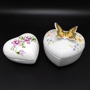 2 Vintage Trinket Ring Boxes Heart Butterfly Violets Treasure Masters Bone China